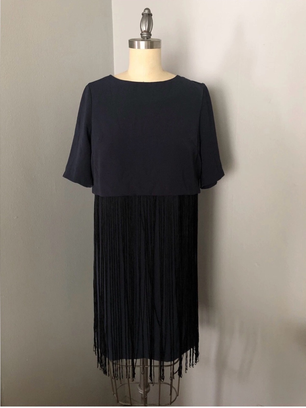 Black Fringe Midi Dress with Short Sleeves